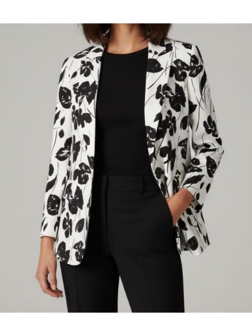 Kasper Blazer Womens 4 Black Vanilla Ice Floral One Button Tailored Jacket NWT